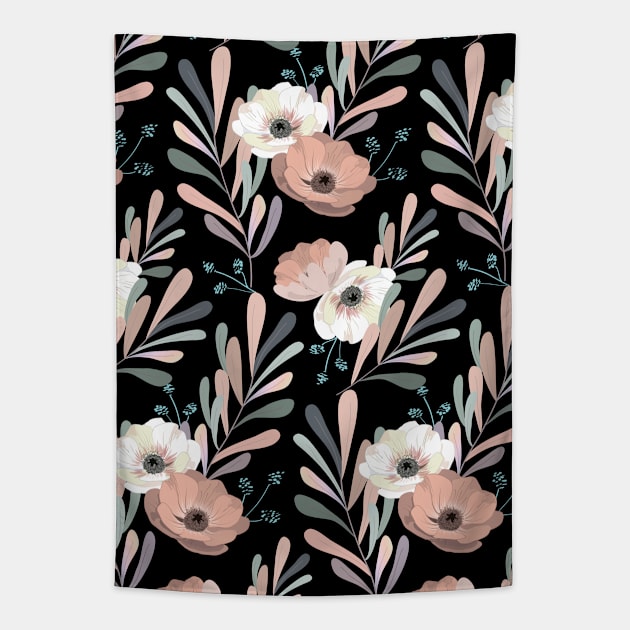 Anemones & Olives (black) Tapestry by AnisIllustration