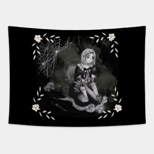 Young Woman Hides in Cave on Dark and Stormy Night Tapestry