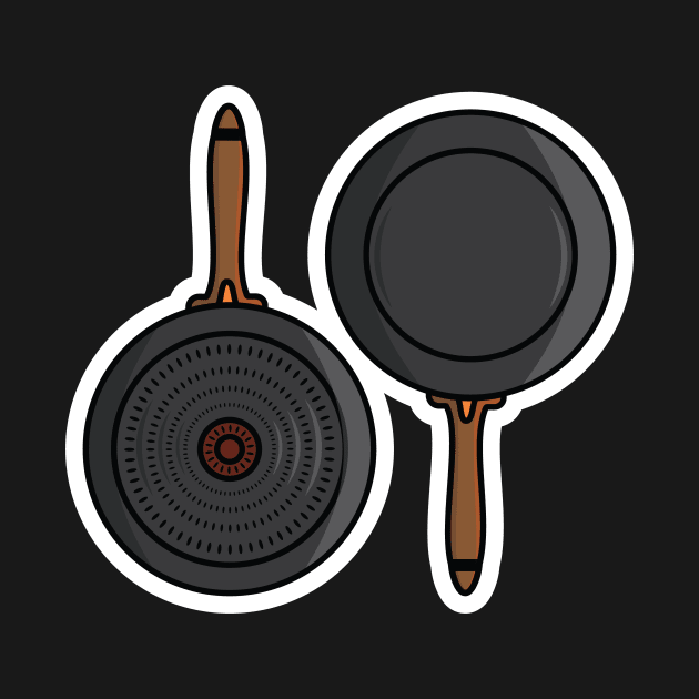 Fry Pan Front side and back side sticker design vector illustration. Kitchen food equipment object icon concept. Cooking food pan sticker vector design. by AlviStudio