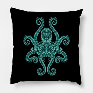 Intricate Teal Blue Octopus Pillow