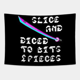 Slice And Diced To Bits and Pieces, v. Code Cyan Magenta Wht Text Tapestry