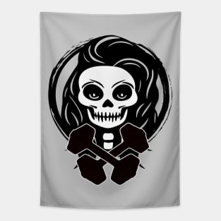 Personal Trainer Skull and Weights Black Logo Tapestry