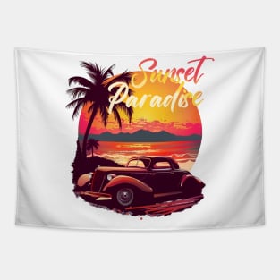 SUNSET PARADISE Retro Summer Vibes Beach Life Classic Car Novelty Gift Tapestry