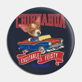 Funny and cute Chihuahua dog in a vintage retro classic car with red white and blue flags tee Pin