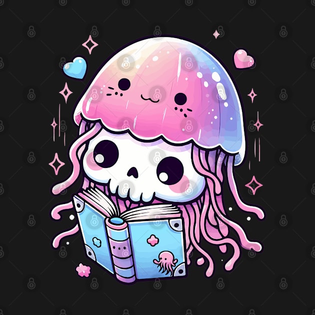 Kawaii Skeleton In a Jellyfish Costume Reading Book by TomFrontierArt