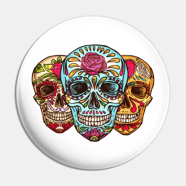 Three Colorful Skulls Art Design Pin by Creativity Haven