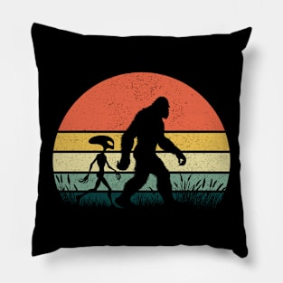 Bigfoot Walking With Alien Vintage Sunset Hiking Outdoor Pillow