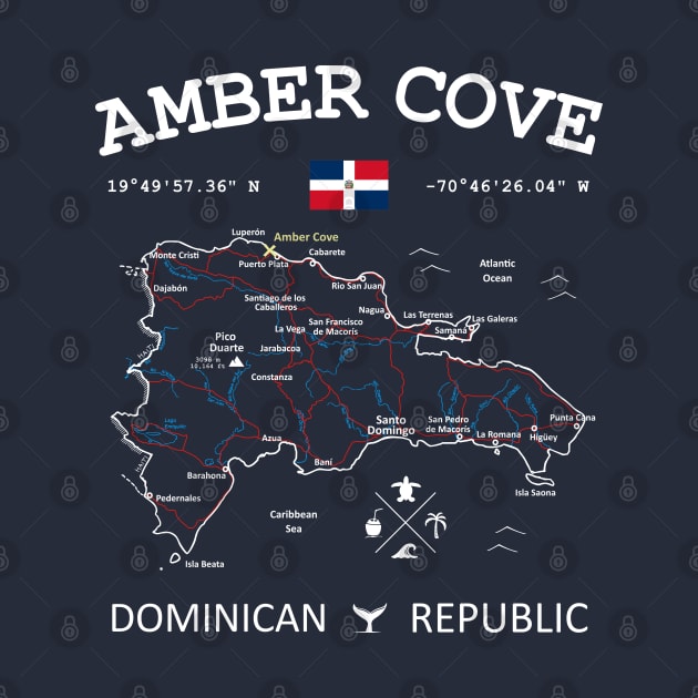 Dominican Republic Flag Travel Map Amber Cove Coordinates Roads Rivers and Oceans White by French Salsa