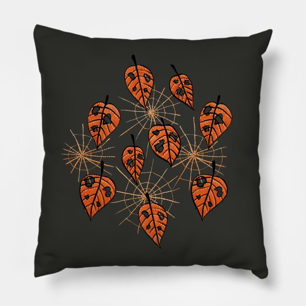 Autumn Leaves With Holes And Spiderwebs Pillow by Boriana Giormova