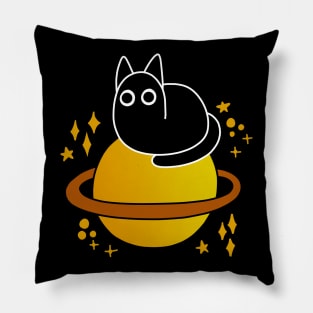 Black Cat Sits on Saturn Pillow