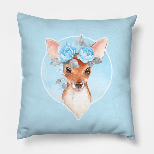 Fawn and blue roses Pillow by Gribanessa