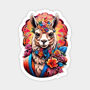 Llama in Floral Crown: A Serene Portrait Magnet