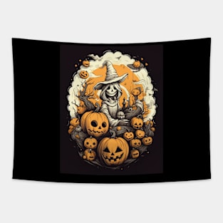 scary dead witch with pumpkins, halloween design Tapestry