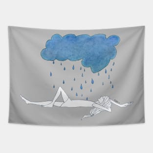 Natula In The Rain · girl laying peacefully beneath a blue storm cloud · simple drawing Tapestry