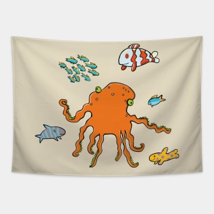 Funny orange octopus and colorful fish around Tapestry