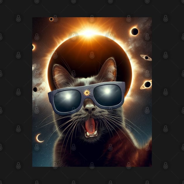 black cat taking a selfie with solar 2024 eclipse wearing Glasses by HBart