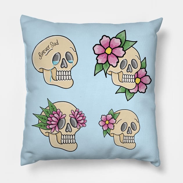 Four Sad Floral Skulls - blue Pillow by Tenpmcreations