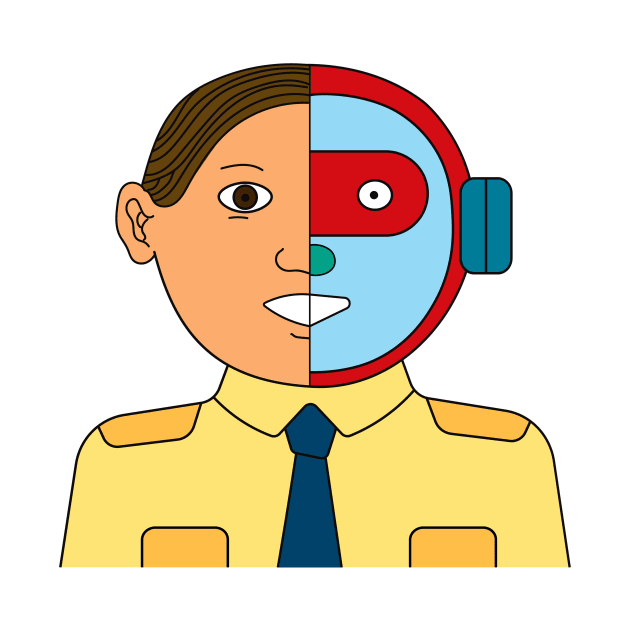 Cyborg. Half human half robot face wearing business worker uniform. by Nalidsa