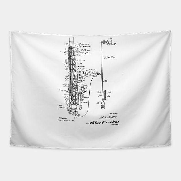 Saxophone Vintage Patent Hand Drawing Tapestry by TheYoungDesigns