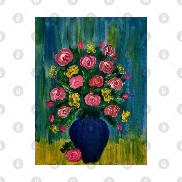 mixed flowers with red roses In a metallic blue vase by kkartwork