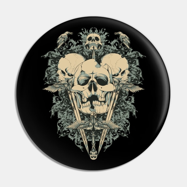 Zombie Aztec Skull Bones with Ravens Pin by XOZ