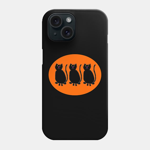 Three Black Cats on Pumpkin Orange Oval Phone Case by ellenhenryart