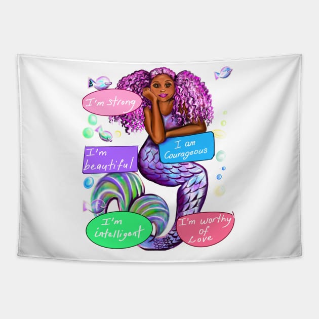 African American mermaid with positive daily affirmation quotes,motivational inspirational Tapestry by Artonmytee