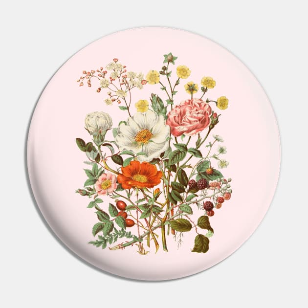 Rose & Wildflowers Vintage Botanical Illustration Pin by Biophilia