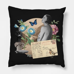 The Postcard - Vintage Inspired Collage Illustration Pillow