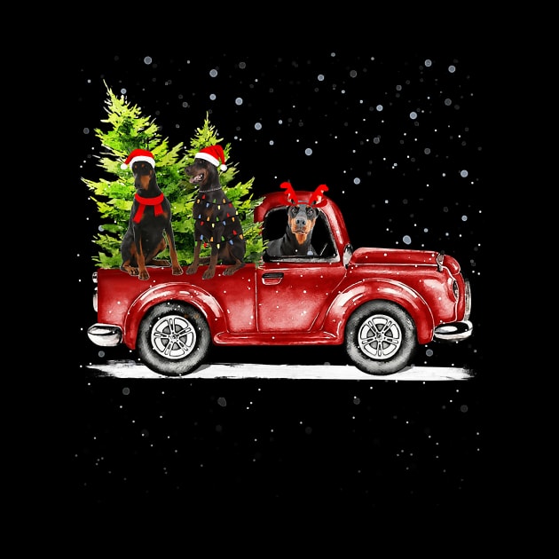 Christmas Three Doberman Dogs Ride Red Truck Costumer Xmas by eldridgejacqueline