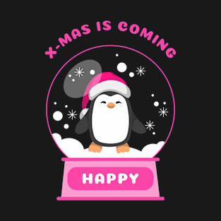 Xmas Is Coming Happy Penguin (Pink) T-Shirt