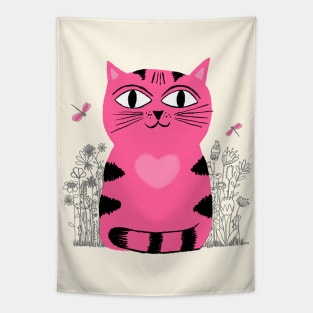 Bright Eyed Pink Heart Kitty In The Flower Garden Tapestry