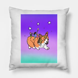 Magical Corgi running with fairies on his back Pillow