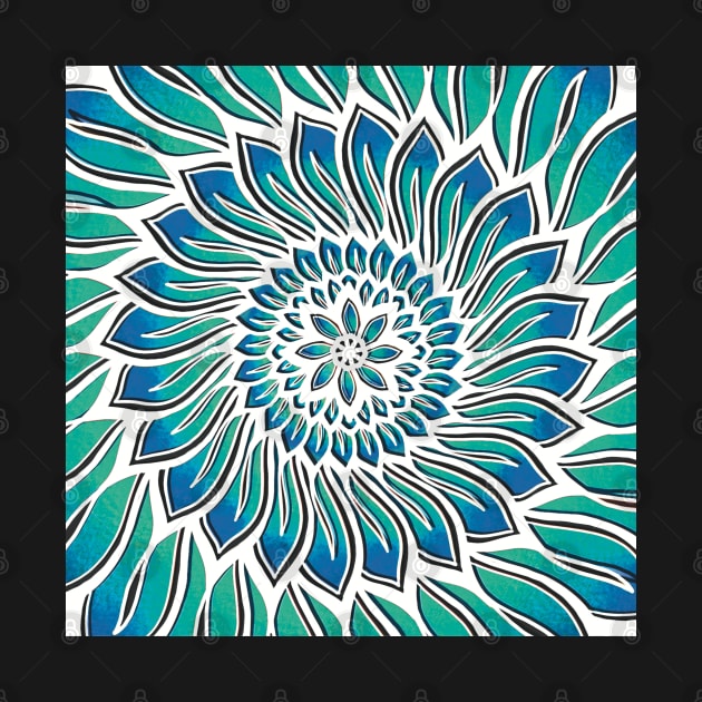 Blue Floral Lagoon Mandala - Intricate Digital Illustration - Colorful Vibrant and Eye-catching Design for printing on t-shirts, wall art, pillows, phone cases, mugs, tote bags, notebooks and more by cherdoodles