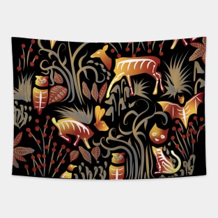 Eerie Forest- Mystical Animals in the Woods- Terracotta Red Yellow Gold Tapestry