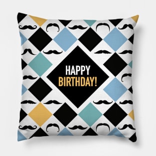 Happy Birthday! Mustaches Multi Blue Pillow