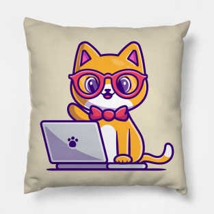 Cute Cat Working On Laptop Cartoon Pillow