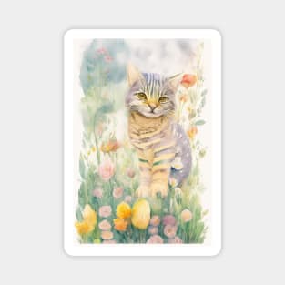 Happy Striped Cat in Flower Garden Magnet