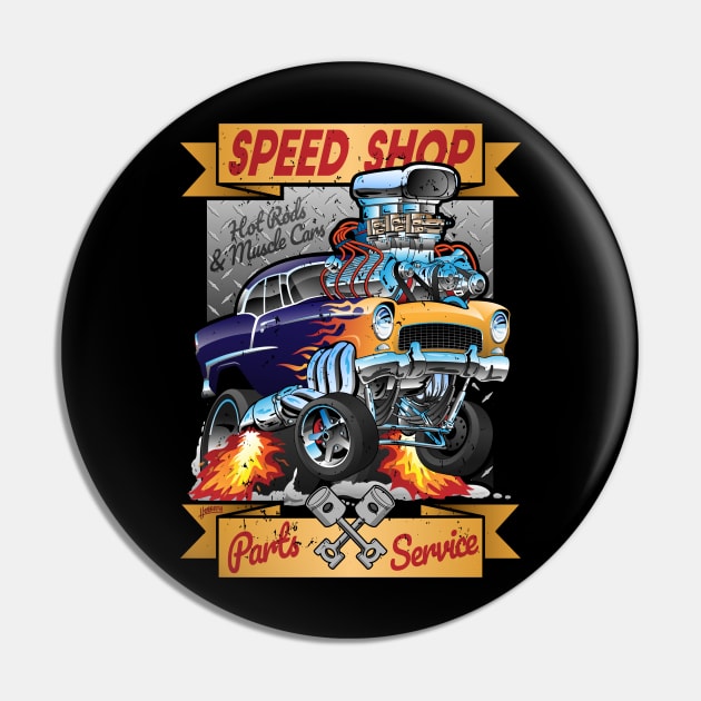 Speed Shop Hot Rod Muscle Car Parts and Service Vintage Cartoon Illustration Pin by hobrath