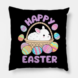 Happy easter a cute little Easter bunny in a basket surrounded by easter eggs Pillow