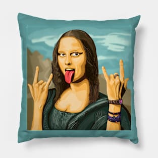 Mona Lisa rocks out - luxury painting with background - tongue out Pillow