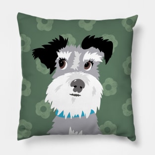 Salt and Pepper Miniature Schnauzer on Green Daisy Background Pillow