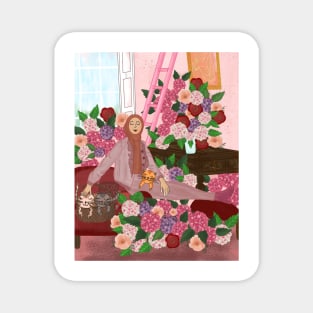 Flowers and kittens  in pink room Magnet