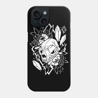 Cat skull, crystals, and peonies in white Phone Case