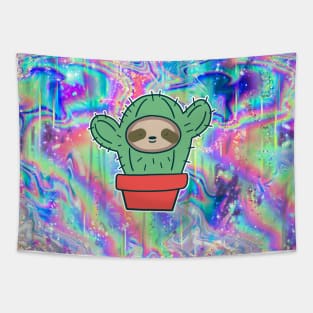 Sloth Face Cactus Rainbow Holographic Tapestry