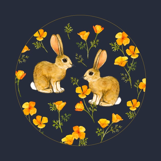 Cute Cottontail Bunnies and California Poppies in Watercolor by micklyn