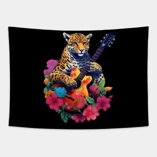 Cute Cheetah Playing Guitar Floral Tapestry