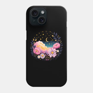 Aesthetic Clouds Starry Sky with Pink Flowers Phone Case