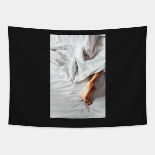 Woman's Feet on White Bedding Tapestry