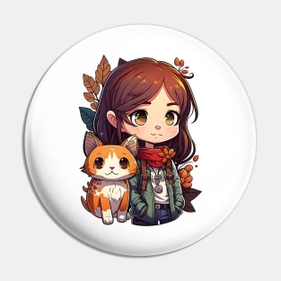 Cat & Girl Kawaii Anime Retro Fall Cat Lover Pin